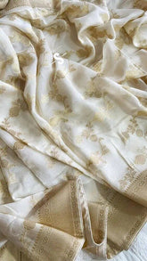 Saree Muga Silk Banarasi Festive Party Wear Pale Goldenrod Durga Pujo Diwali Contrast Blouse S11009 - Saree - Aakritee - S11009